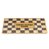 Coco & Pud Checker Chewy Vuiton Dog Bowl Mat on angle - Haute Diggity Dog
