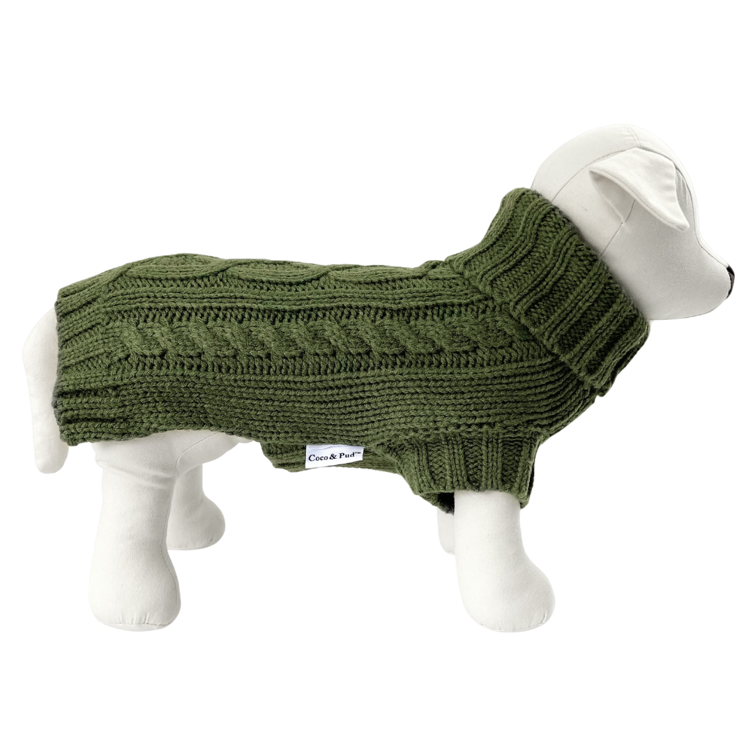 Coco & Pud Cable Dog Sweater - Olive