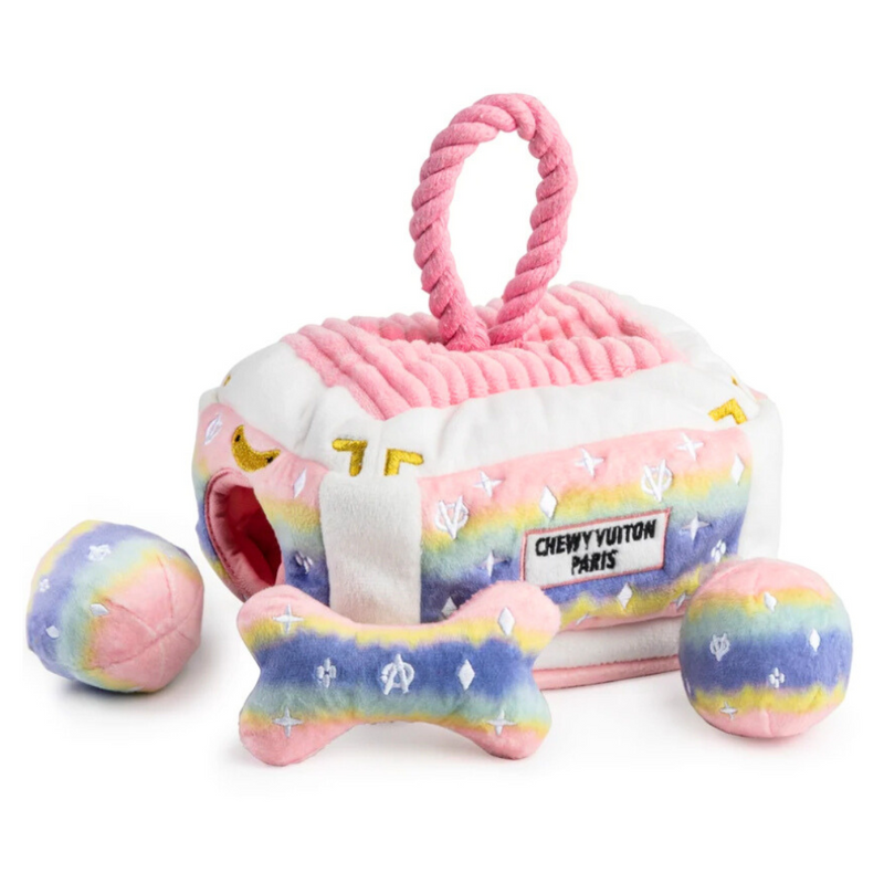 Coco & Pud Chewy Vuiton Pink Ombre Activity Trunk Dog Toy with two balls and a bone - Haute Diggity Dog