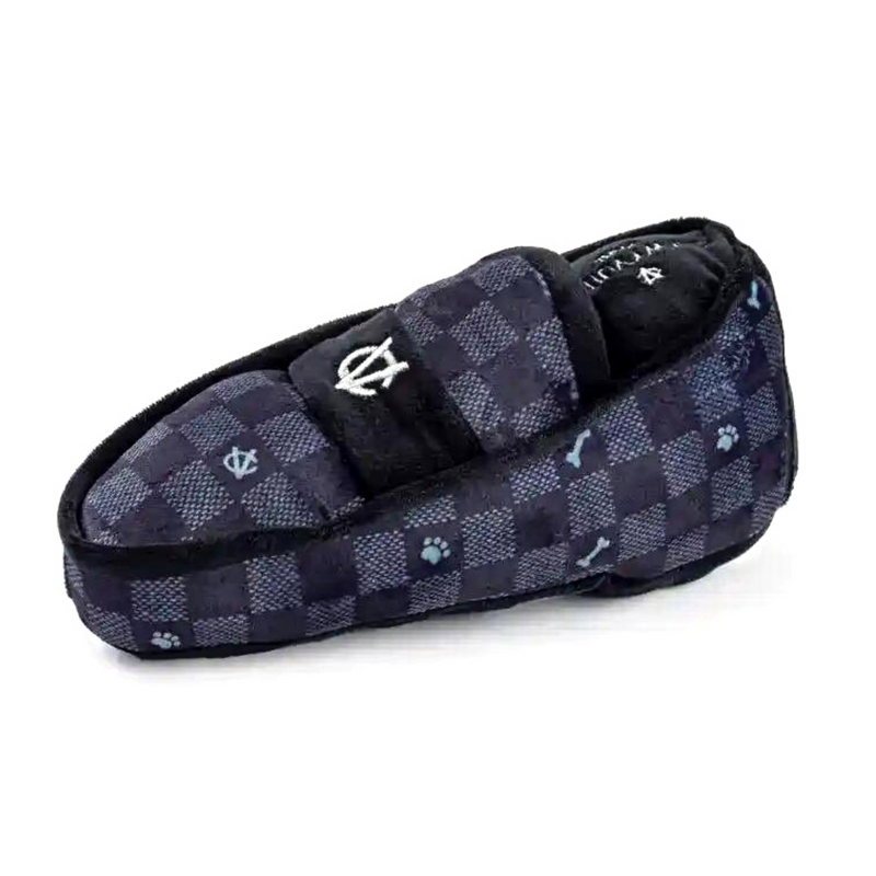 Coco & Pud Checker Black Chewy Vuiton Loafer Shoe Dog Toy - Haute Diggity Dog