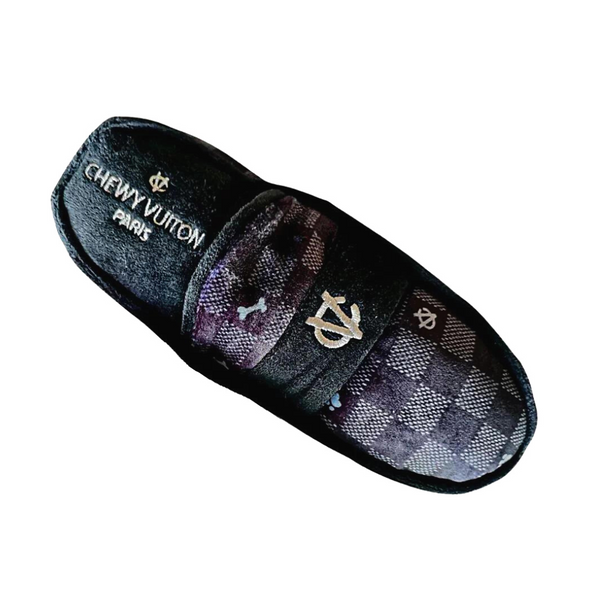 Coco & Pud Black Checker Chewy Vuiton Loafer Shoe Dog Toy from above  - Haute Diggity Dog