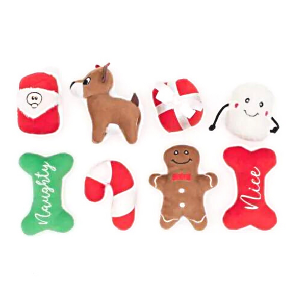 Coco & Pud Christmas Holiday Dog Toys - Pack of 8 Minis - Zippy Paws