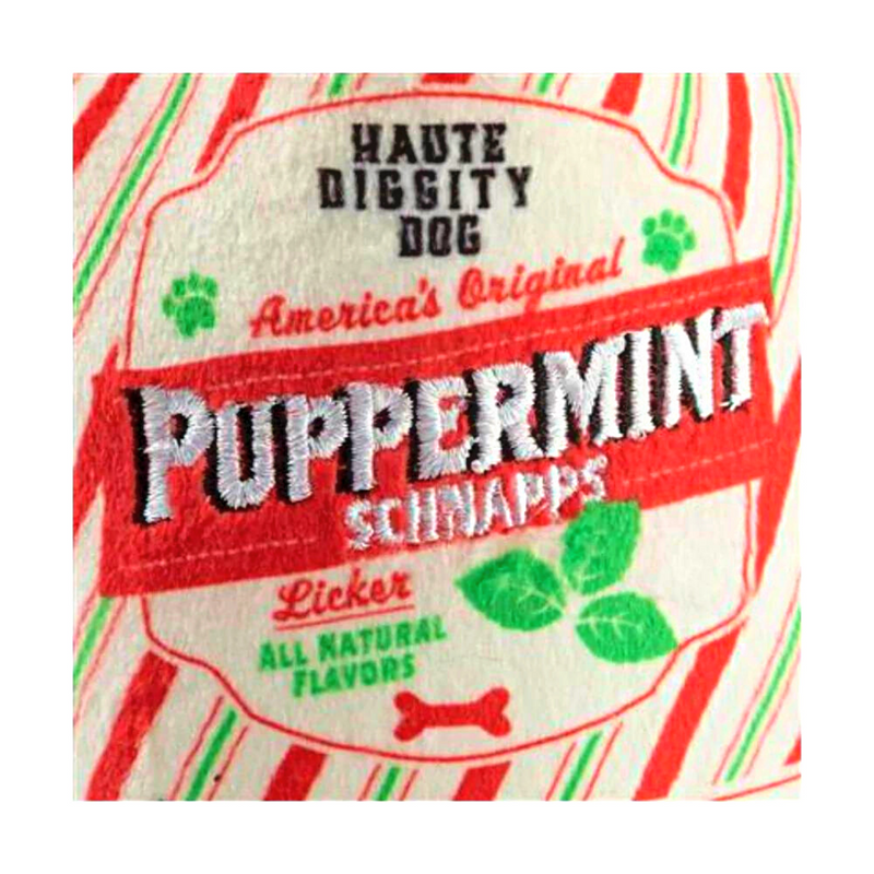 Coco & Pud Puppermint Schnapps Bottle detail of front dog toy - Haute Diggity Dog- H