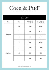 Coco & Pud Dog Accessories Size Chart