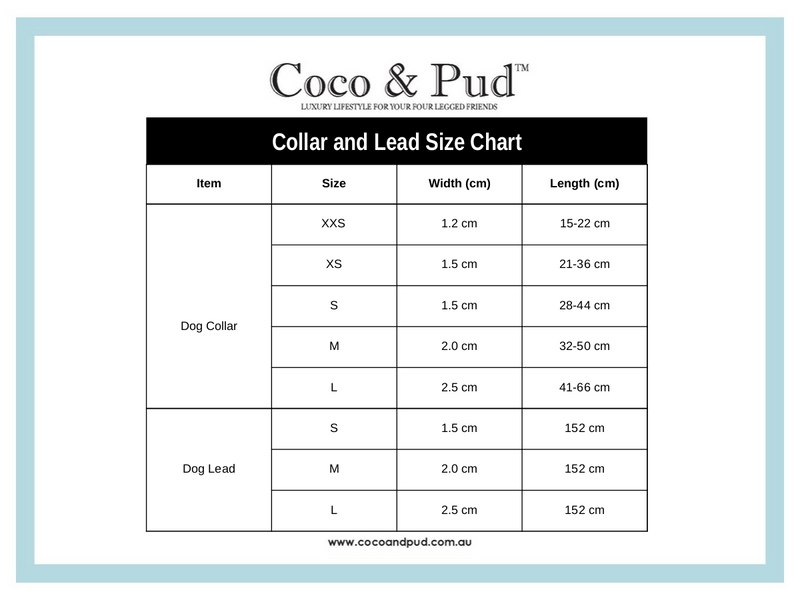 COoc & Pud Dog Collar & Lead Size chart