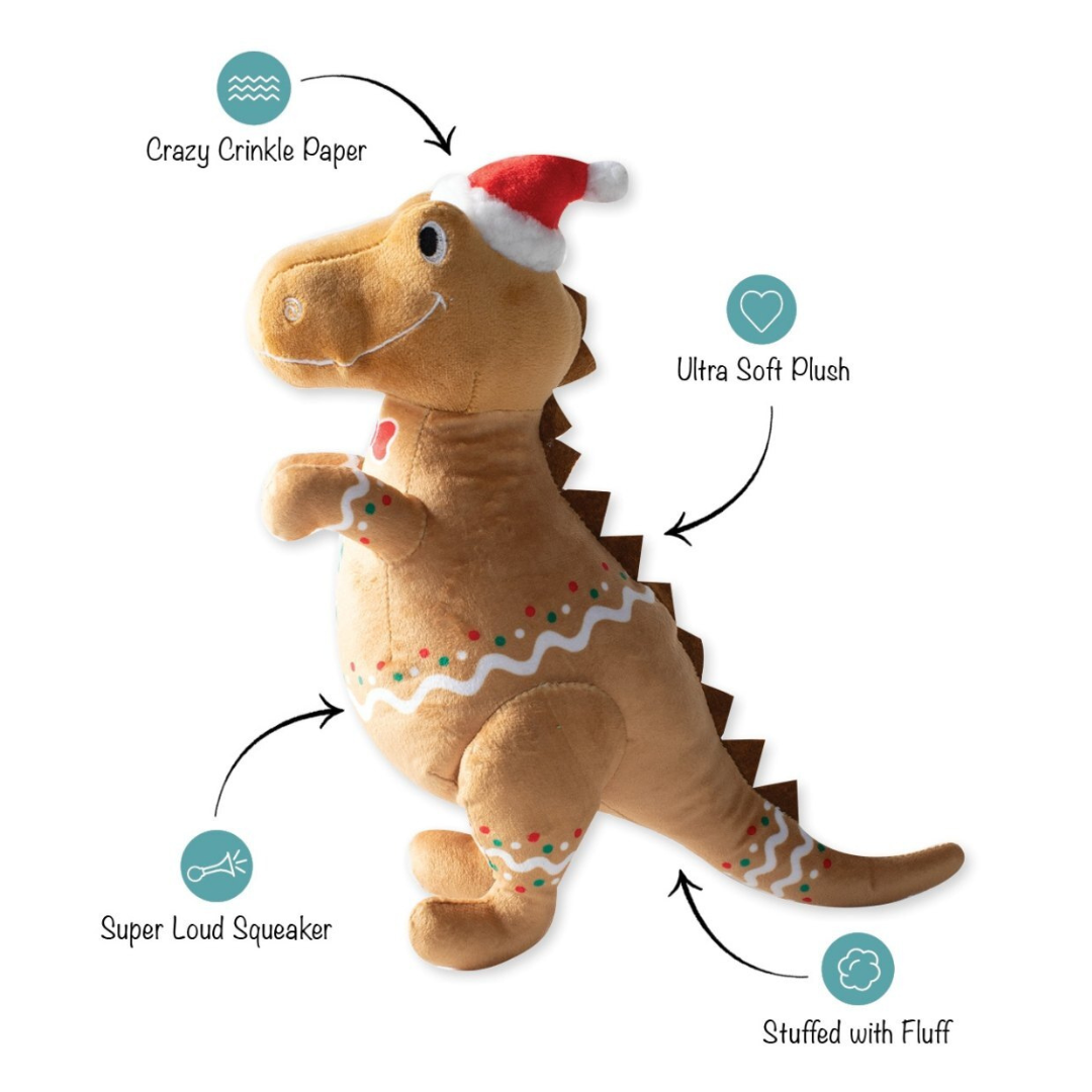 Coco & Pud Cookie-Saurus Christmas Dog toy details - Fringe Studios