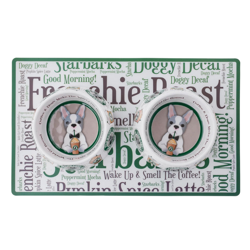 Coco & Pud Starbarks Frenchie Roast Dog Bowls on matching feed mat - Haute Diggity Dog